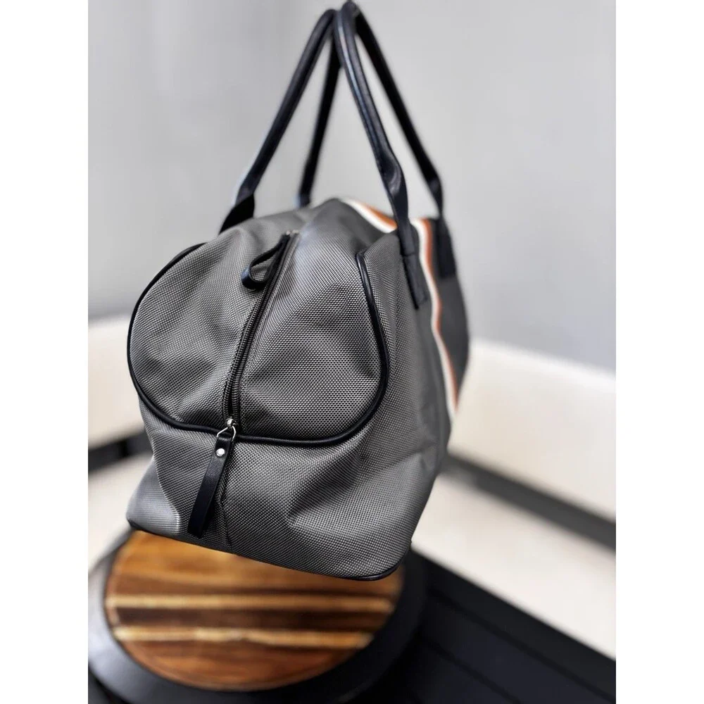 Grey Canvas Weekender Duffle Bag Retro Racing Stripe Travel Overnight Carry On